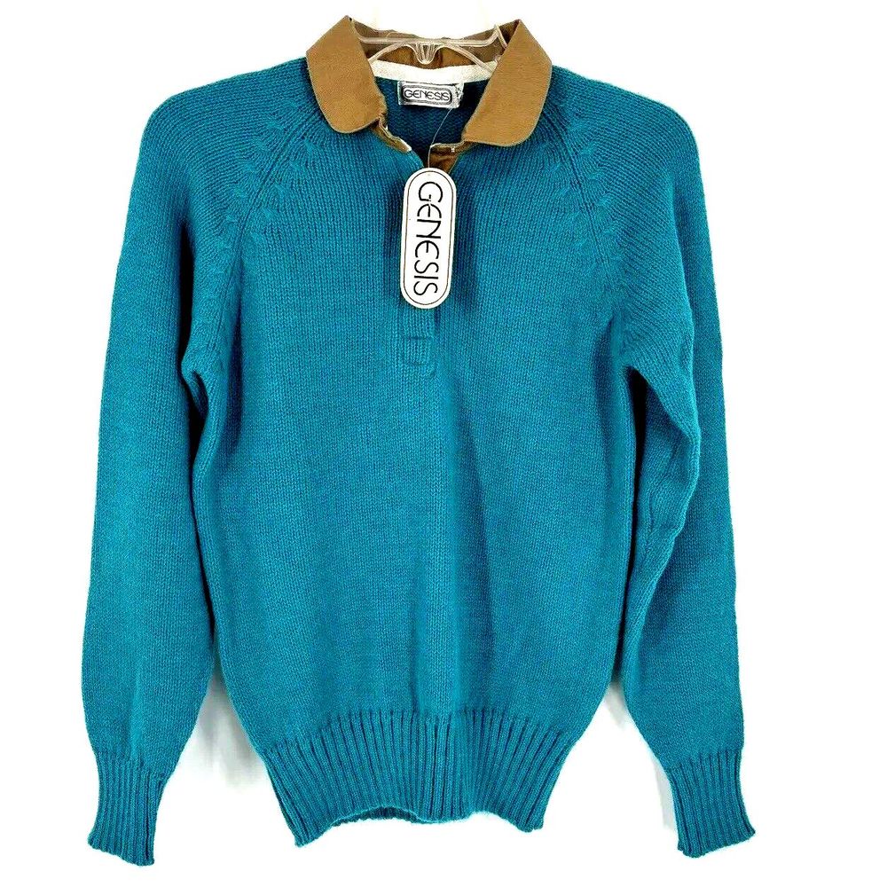 NWT VTG Genesis Small 80's Teal/Green/Blue LS Knit Sweater Tan Collar Deadstock